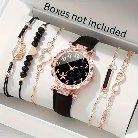 CÉLESTE — 6-Piece Watch & Bracelet Set · Black & Gold