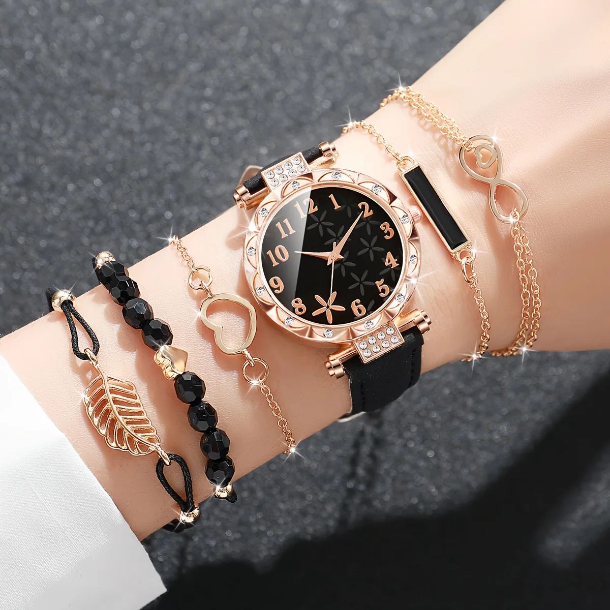 CÉLESTE — 6-Piece Watch & Bracelet Set · Black & Gold