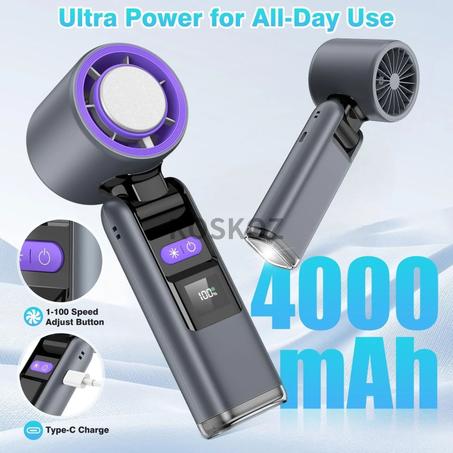 مروحة يدوية محمولة 3 في 1 | تبريد فائق، إضاءة طوارئ، وشاشة رقمية ذكية