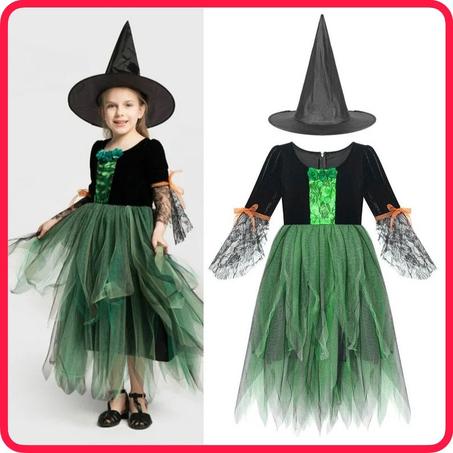 Déguisement Sorcière Costume Halloween robe Manches Longues & Chapeau de Sorcière