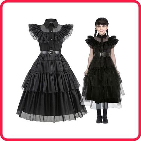 Robe Sombre d’Halloween – Style Wednesday Addams pour Filles
