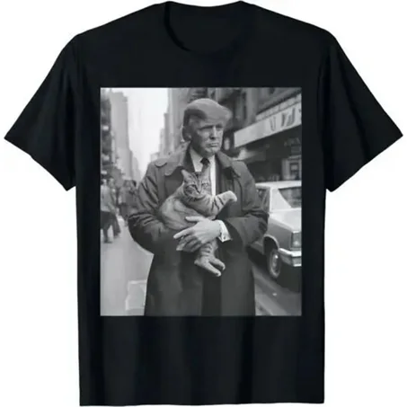 Donald Trump Vintage Street Style T-Shirt – Black & White Graphic with Cat, Iconic 80s Look for Men & Women