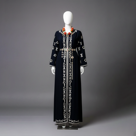 🖤✨ قفطان أسود فاخر بحروف تيفيناغ باللون الرمادي – أناقة تجمع بين الفخامة والهوية ⵣ