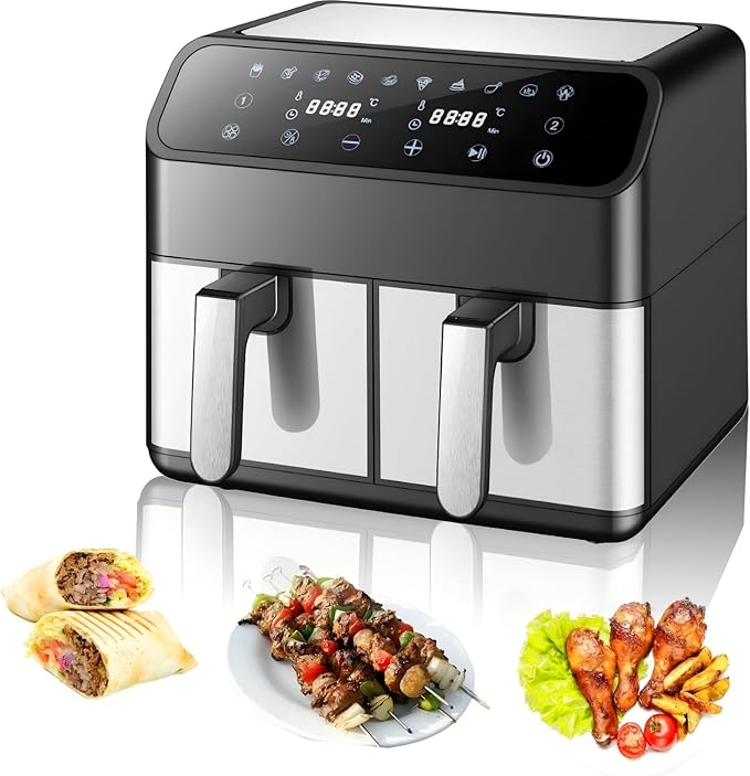 مقلاة هوائية هوينينج بسلة مزدوجة، سلسلة 9001، فرن مزدوج، 10 في 1، سعة 4 لتر + 4 لتر، خالية من الزيت، شواء، خبز، إذابة تجميد، تجفيف، فضي/اسود، حماية من انقطاع التيار الكهربائي، غير لاصقة، آمنة