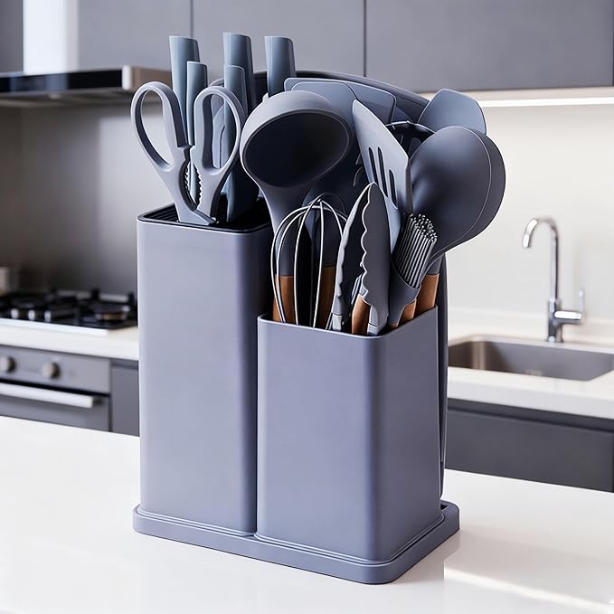 مجموعة ادوات مطبخ مكونة من 19 قطعة من واميت، مجموعة ادوات طبخ وملاعق وسكاكين، مجموعة ادوات طبخ سيليكون مقاومة للحرارة وملاعق خشبية وادوات طبخ غير لاصقة (رمادي)