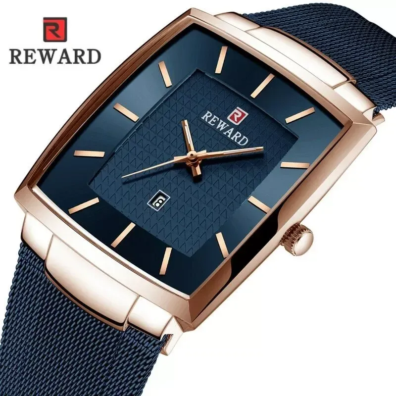 Montre homme REWARD au design carré élégant avec bracelet en maille métallique