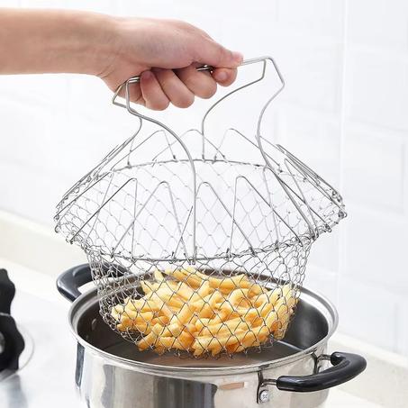 Panier de cuisson et de friture pliable en acier inoxydable