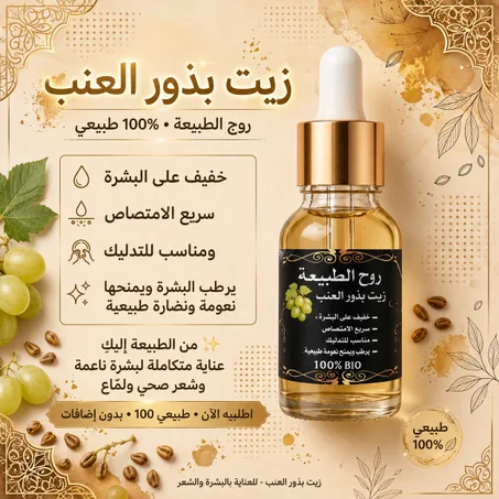 زيت بذور العنب الطبيعي 100% للشعر والبشرة | روح الطبيعة