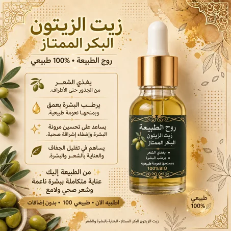 زيت الزيتون البكر الممتاز الطبيعي 100% للشعر والبشرة | روح الطبيعة