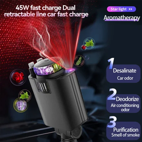 Chargeur Voiture Starlight 5 en 1 | شاحن سيارة متعدد الوظائف مع معطر هواء وإضاءة