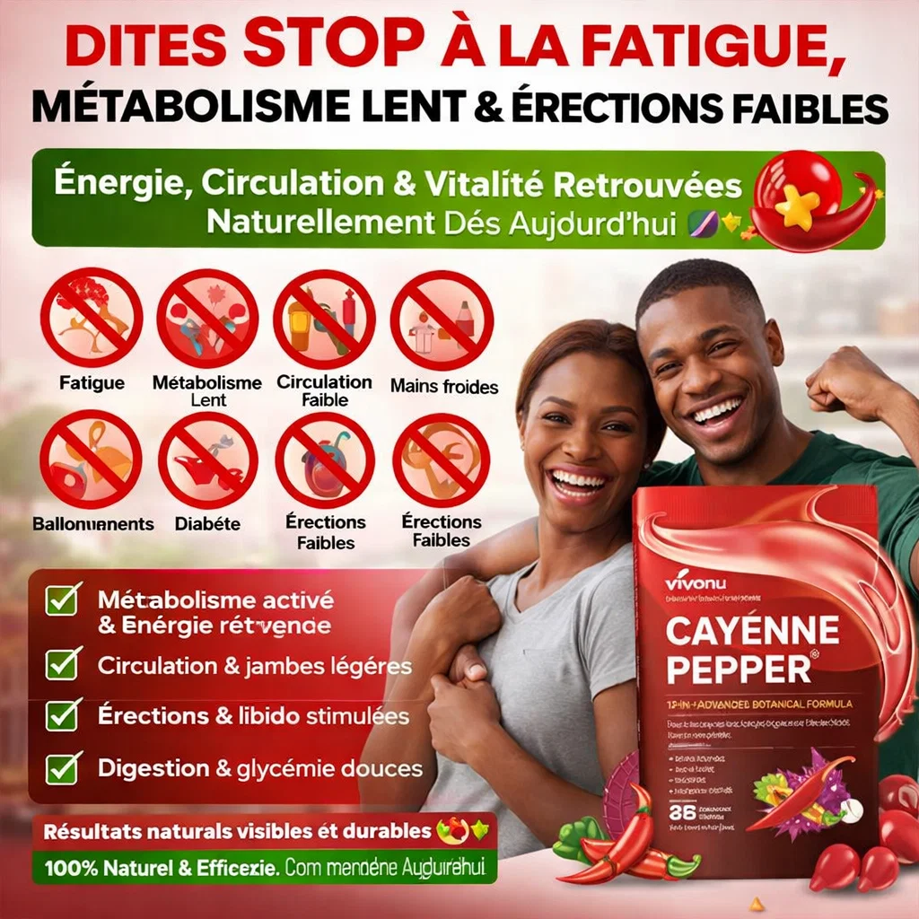 Cayenne Pepper 12‑en‑1 ✋ STOP À LA FATIGUE, MÉTABOLISME LENT & ÉRECTIONS FAIBLES et bien plus – Énergie, Circulation et Vitalité Retrouvées Naturellement Dès Aujourd’hui CI