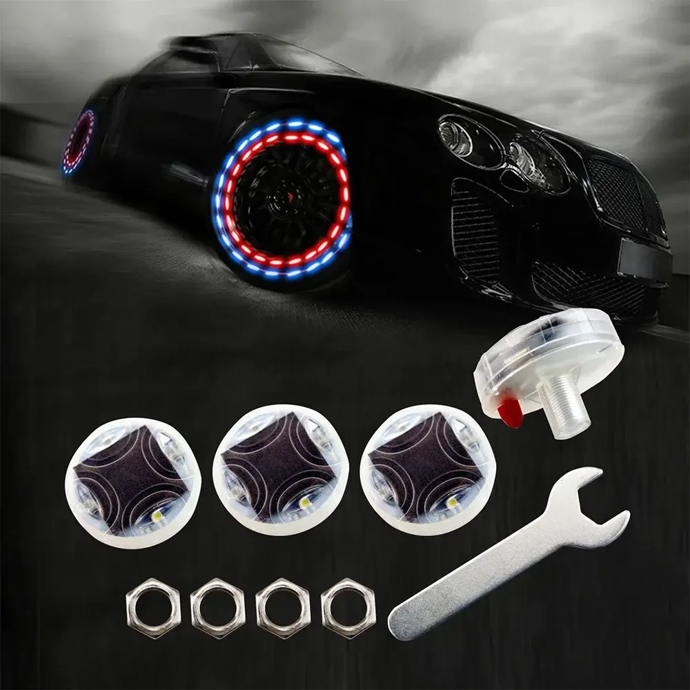 Voiture Roue Pneu, 4-pack Solar Energy Motion Sensors Flashing Colorful Gas Nozzle LED Tire Schrader Valve Cap Lumières Lampe Ampoule étanche pour voiture Auto Motos Vélos