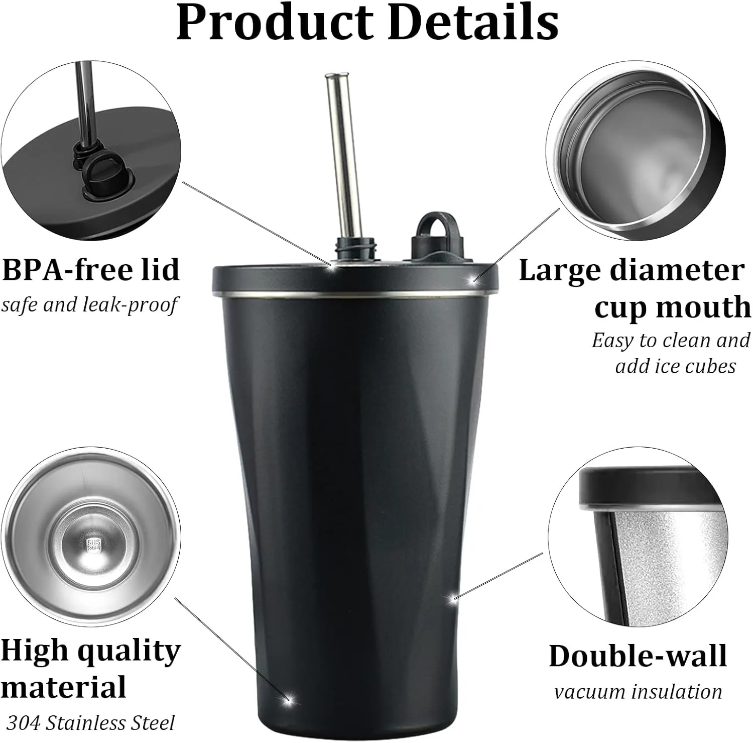 Gobelet isotherme de 591 ml avec paille et couvercle, bouteille isotherme en acier inoxydable avec paille rétractable, tasse à eau de voyage, tasse isotherme à double paroi étanche