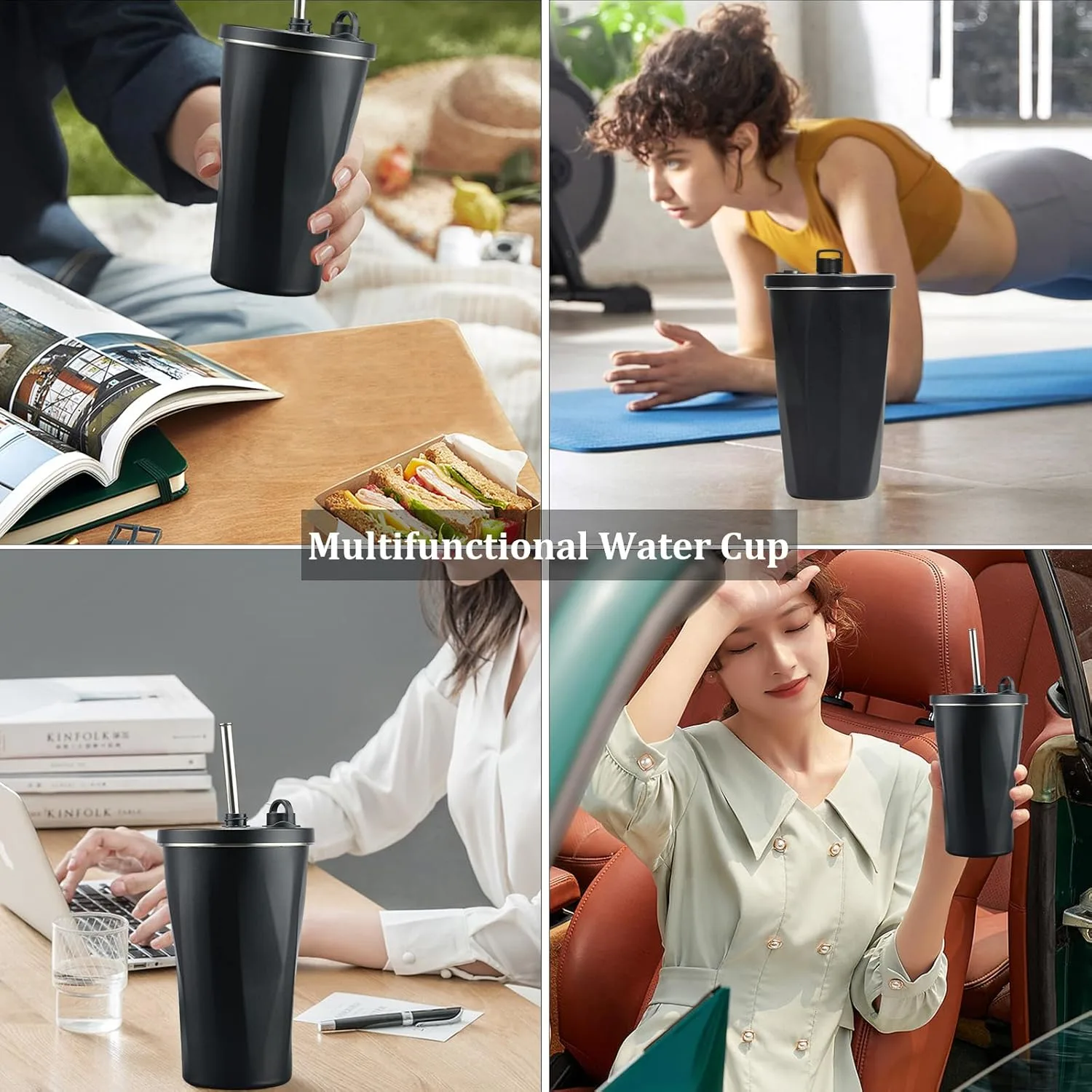 Gobelet isotherme de 591 ml avec paille et couvercle, bouteille isotherme en acier inoxydable avec paille rétractable, tasse à eau de voyage, tasse isotherme à double paroi étanche