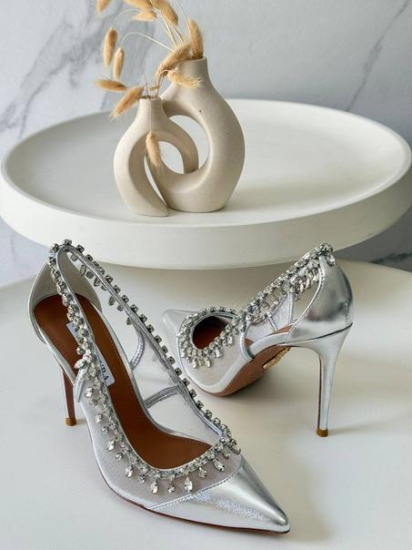 Aquazzura Women Evening Heels, Silver, Elegant, Crystal-Embellished