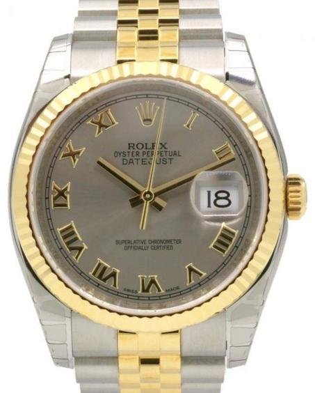 Rolex Datejust 36 Silver Roman Fluted Yellow Gold Stainless Steel Jubilee