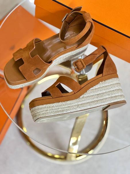 Hermes Suede Elda Espadrille Wedge Sandals