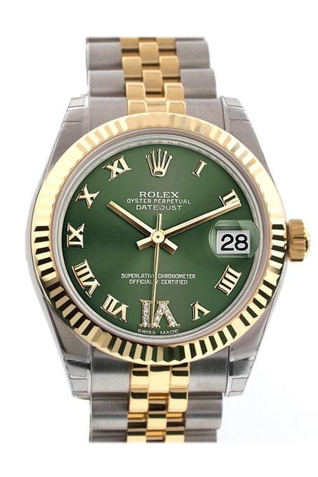 Rolex Datejust 31 Olive Green Roman Large VI Diamond Dial Fluted Bezel