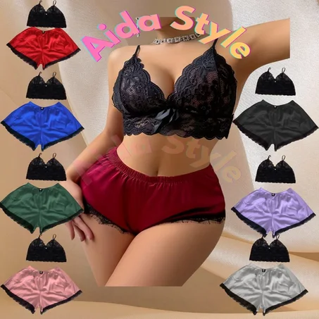 Ensemble Top plus Short satin avec dentelle – 2 pièces