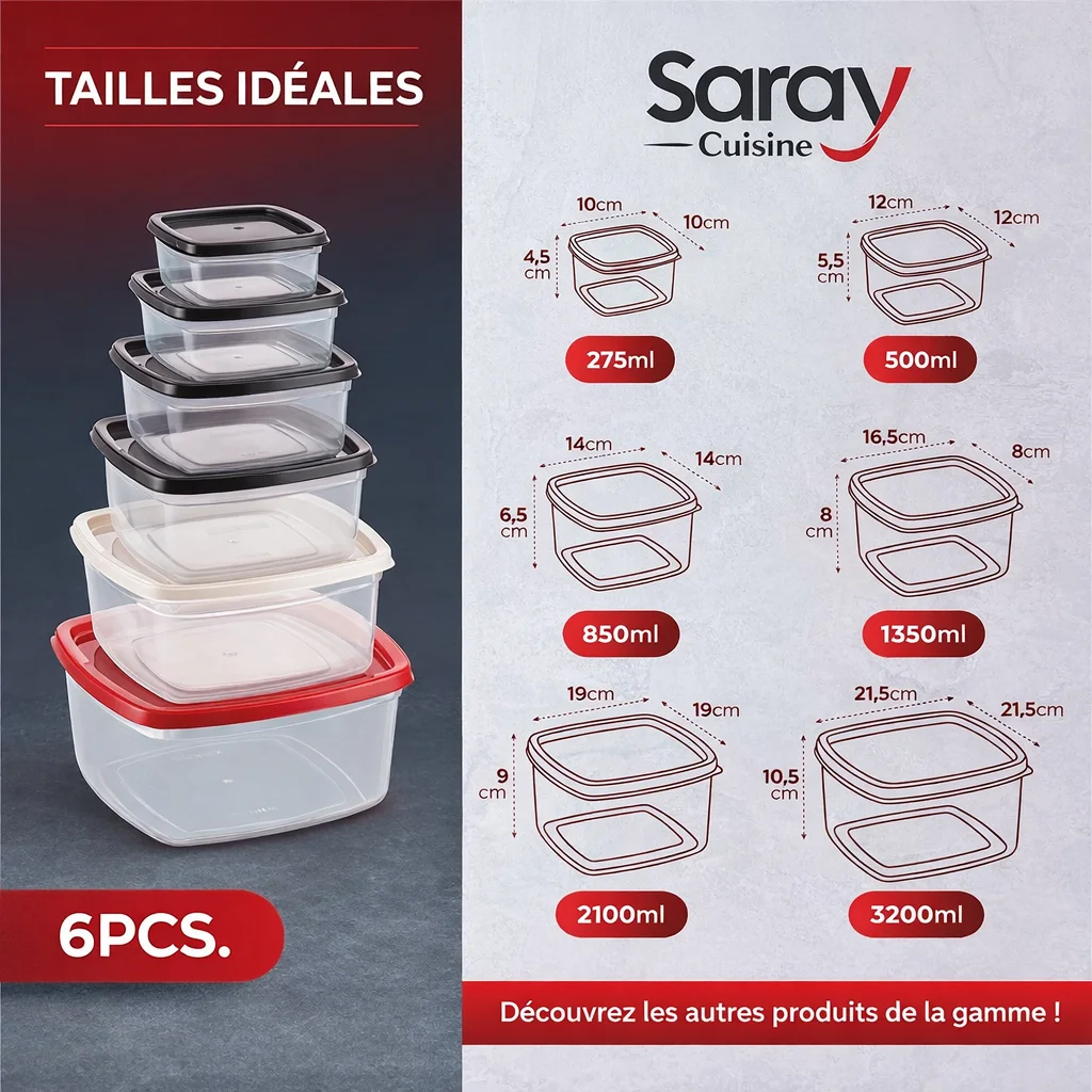 Ensemble de Boîtes de Conservation Alimentaire Carrées Saray Cuisine – 12 pièces (2 x 6 pièces)