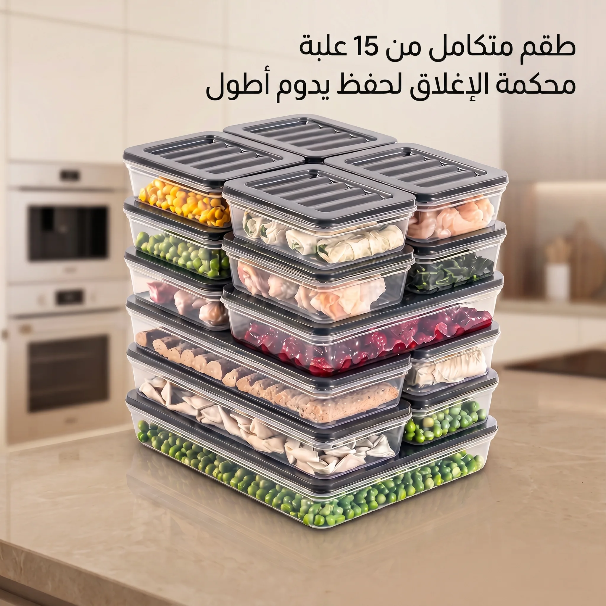 طقم 15 علبة لحفظ وتخزين الطعام – محكمة الإغلاق ومانعة للتسرب – 4 أحجام للثلاجة والفريزر  -رمادي