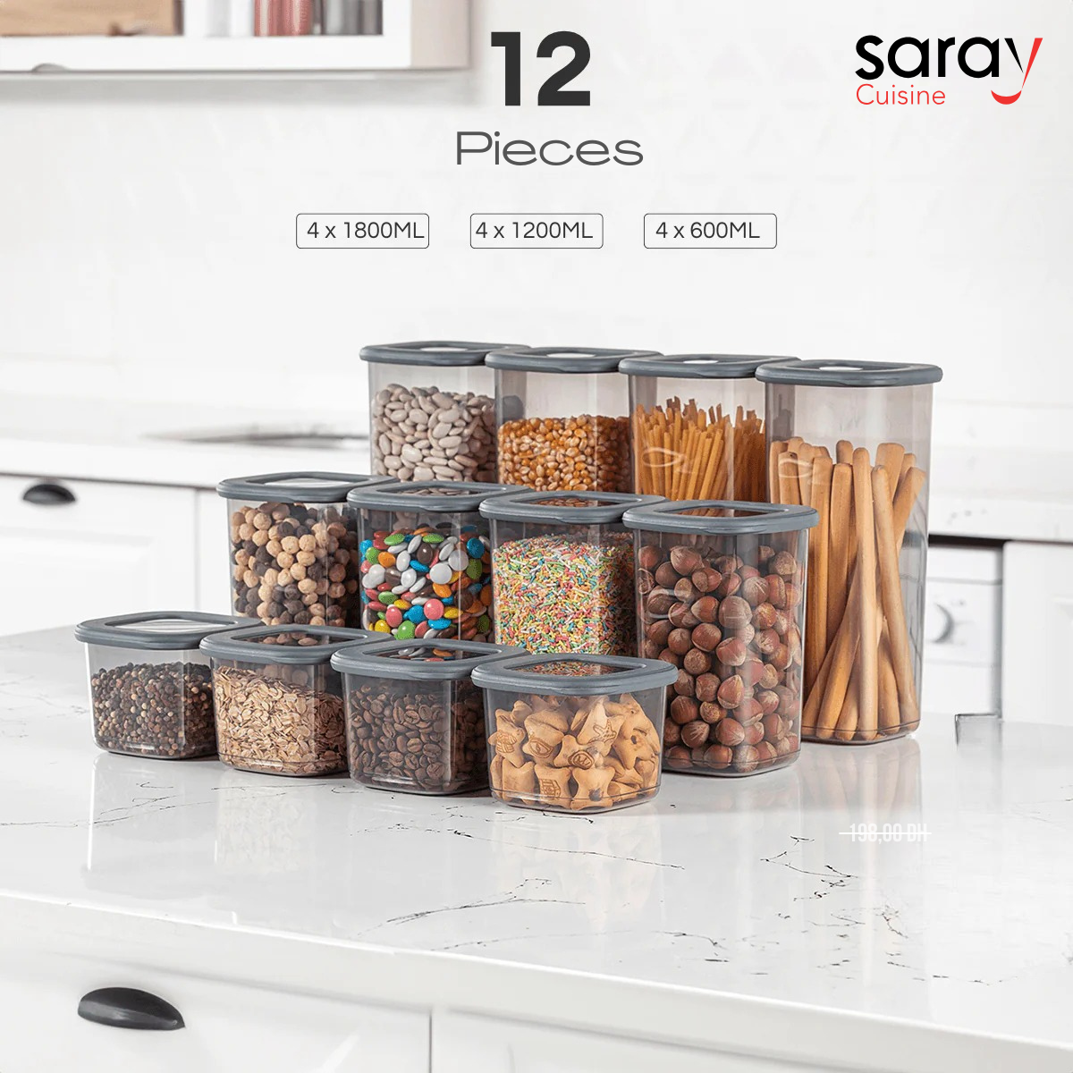 Saray Pack de 12 Boîtes de Rangement Alimentaires Hermétiques (4x550 ml, 4x1200 ml, 4x1750 ml) – Conservation Optimale des Aliments