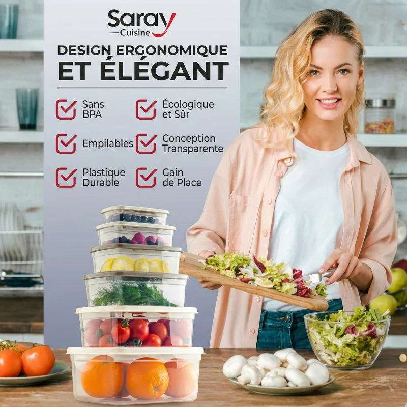 Ensemble de Boîtes de Conservation Alimentaire Carrées Saray Cuisine – 12 pièces (2 x 6 pièces)