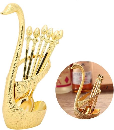 حامل المعالق على شكل بجعة + 6 ملاعق ديكور ذهبية