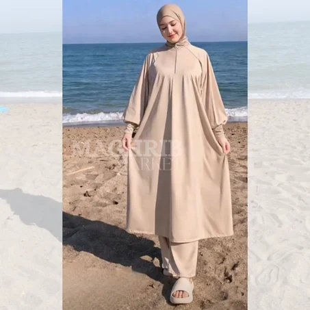 بوركيني ثلاث قطع (فولار كبير، سترة طويلة، سروال) - ثوب بولياميد ممتاز