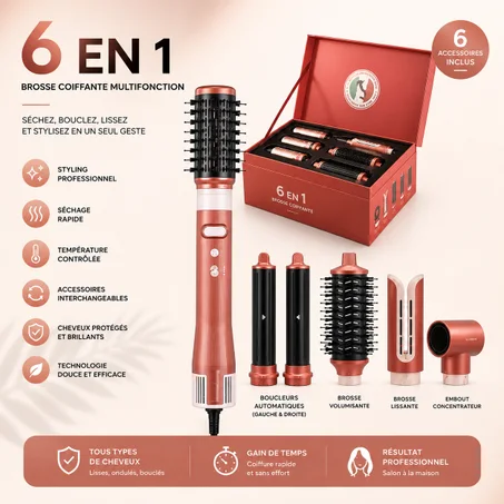 Enzo Kit de coiffage 6-en-1 – Brosse soufflante professionnelle, fers à boucler et embouts volumateurs