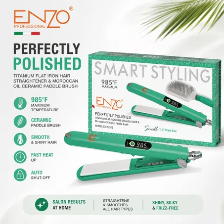 ENZO PROFESSIONAL Perfectly Polished Titanium Flat Iron & Ceramic Paddle Brush – 985°F