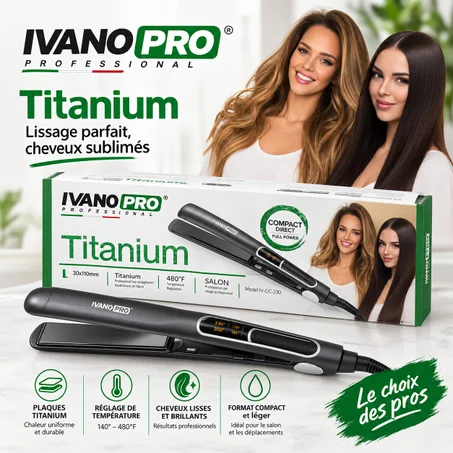Lisseur IVANO PRO IVO-230 Titanium 480°F – Pro Style pour un lissage rapide, durable et ultra-brillant.