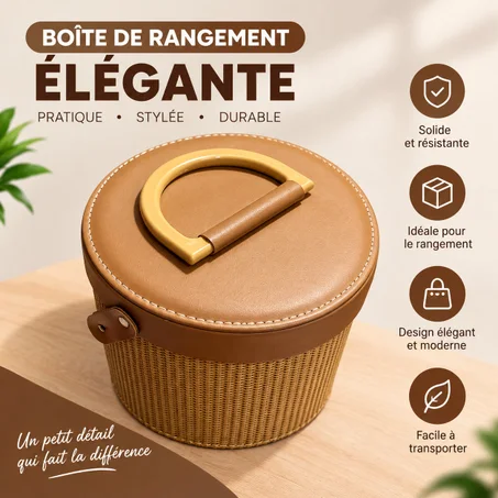 Elegant Round Storage Basket with Leather Lid & Handle