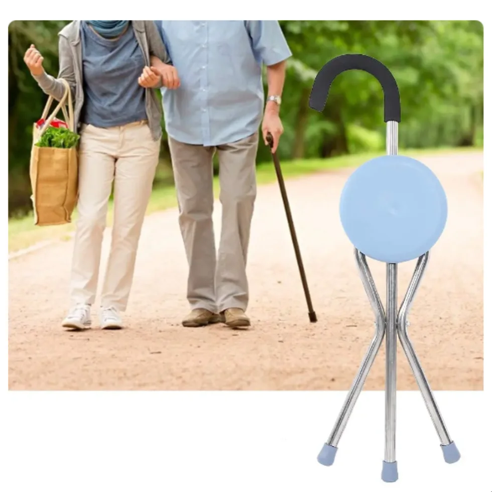 مقعد محمول مانع للانزلاق، عصا قابلة للطي بثلاثة أرجل، مقاومة للوزن  لكبار السن+ توصيل مجاني لحد باب البيت والدفع عند الإستلام.