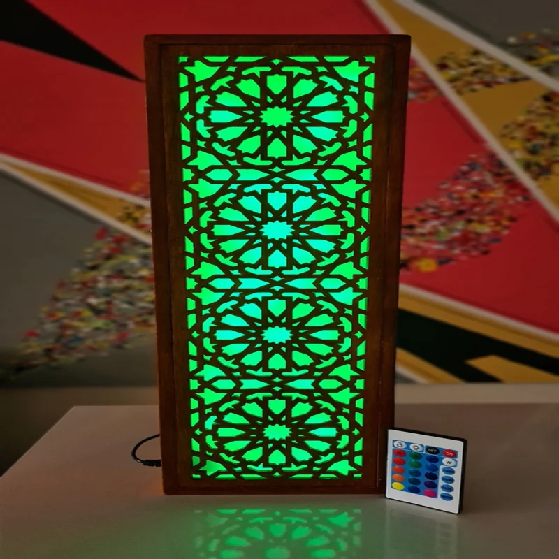 باك ديكور خشبي مقطوع بالليزر متغير الألوان RGB بجهاز تحكم عن بعد، أساس الطراز المغربي التقليدي المعاصر، مصنوع يدويا من خشب عالي الجودة + توصيل مجاني لحد باب البيت والدفع عند الإستلام.