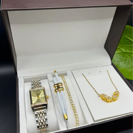 Minimalist Women Gift – Gold Watch, Bracelet & Heart Necklace
