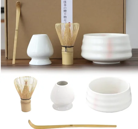 طقم شاي ماتشا من 0TO1 تيك، مجموعة من 4 قطع، أدوات ماتشا ووعاء سيراميك ماتشا وخفاقة ماتشا وحامل خفاقة أبيض ومغرفة تقليدية، مجموعة مثالية لماتشا التقليدية (مجموعة من 4 قطع)