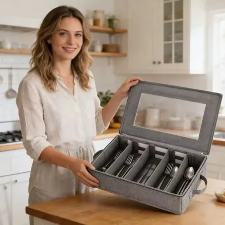 علبة تخزين أدوات المائدة بقسمات متعددة وغطاء شفاف