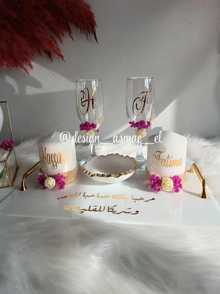 صينية كؤوس + شموع بأسمائكم