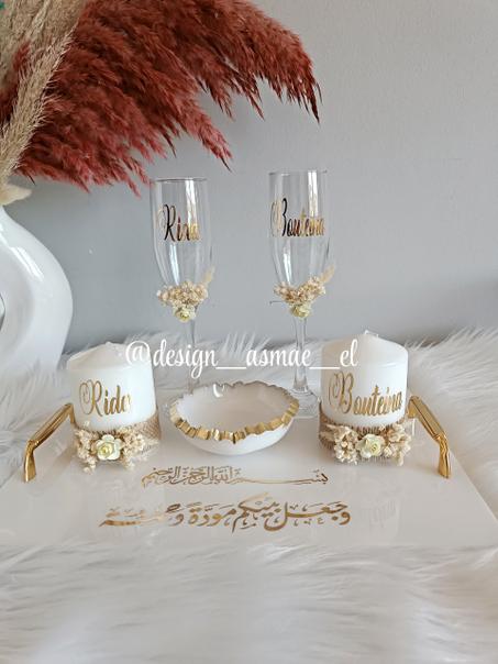 ديكور شخصي للأفراح 🎉 طقم شموع وكؤوس مزينة بالأحرف الأولى