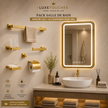 Pack Miroir LED + Accessoires Or Inox 304 Salle de bain Sorrento