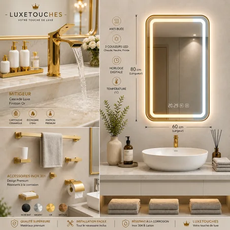 Pack Miroir LED + Mitigeur + Accessoires Or