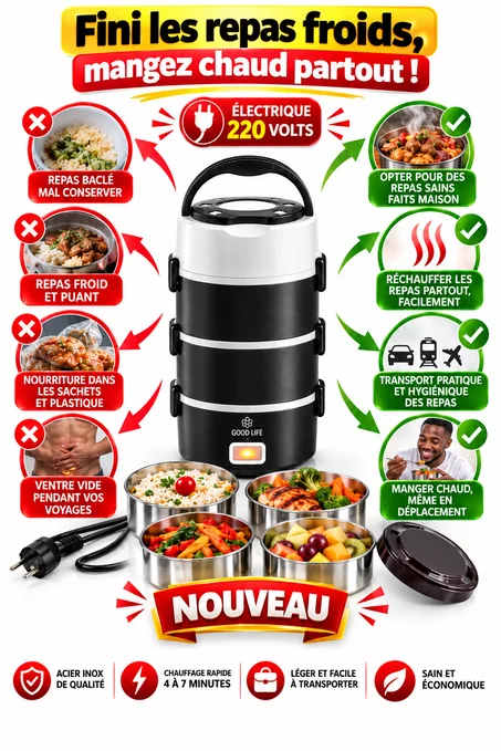 La Boîte à Lunch Révolutionnaire 3.33L - Cuisson, Réchauffage et Praticité au Quotidien ! Gagnez du temps et mangez chaud partout !