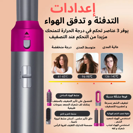 مجفف الشعر الكهربائي 5 في 1 1000w هو أداة تصفيف ثورية تجمع بين وظيفة مجفف الشعر ودقة فرشاة التصفيف. بفضل قدرة الجهد المزدوج