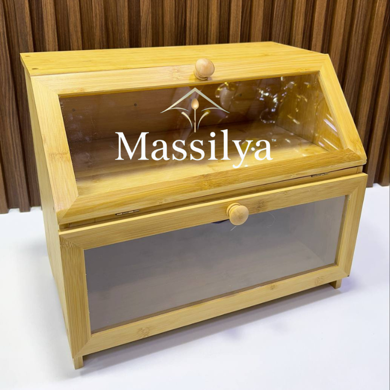 صندوق خبز من الخيزران بطبقتين مع غطاء شفاف – حافظ على خبزك طازجًا وأنيقًا للمطبخ والمخبز