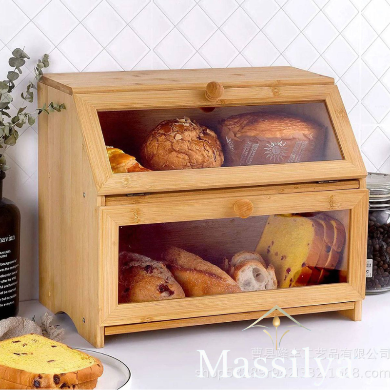 صندوق خبز من الخيزران بطبقتين مع غطاء شفاف – حافظ على خبزك طازجًا وأنيقًا للمطبخ والمخبز