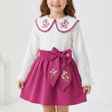 طقم "اميرة العيد" الفاخر - بلوزة بتطريز يدوي و تنانير ملكية بفيونكة