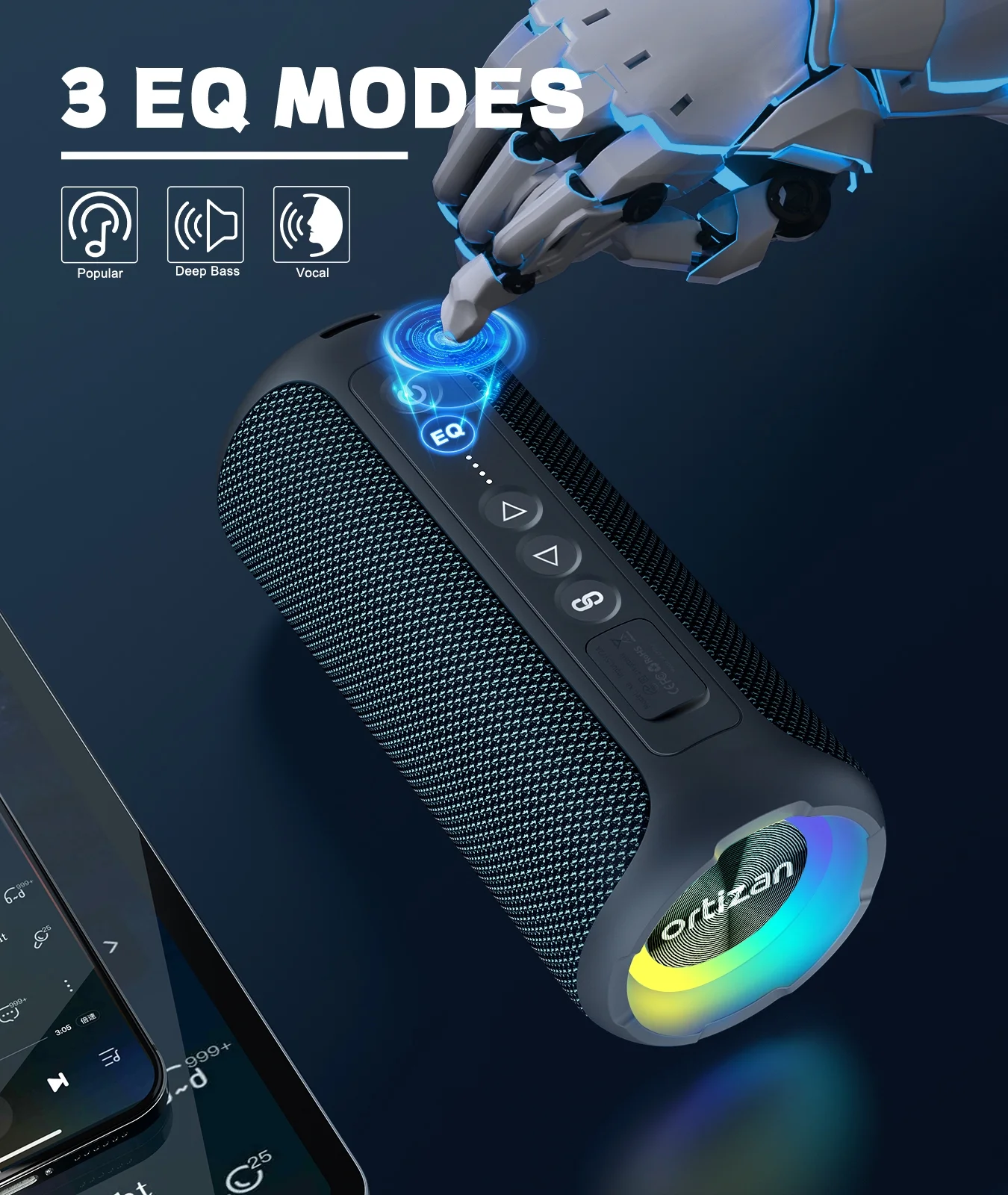 Haut-parleur Bluetooth étanche 40 W « Ortizan X8 » – Son surround 360°, basses renforcées, portable intérieur / extérieur – Bleu foncé”