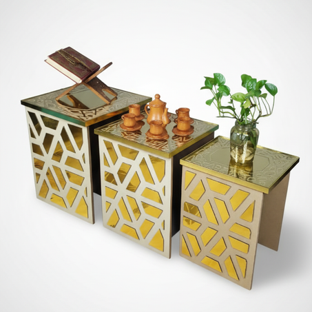 طقم طاولات خشبية متينة مع قاعدة زجاجية – موفّرة للمساحة