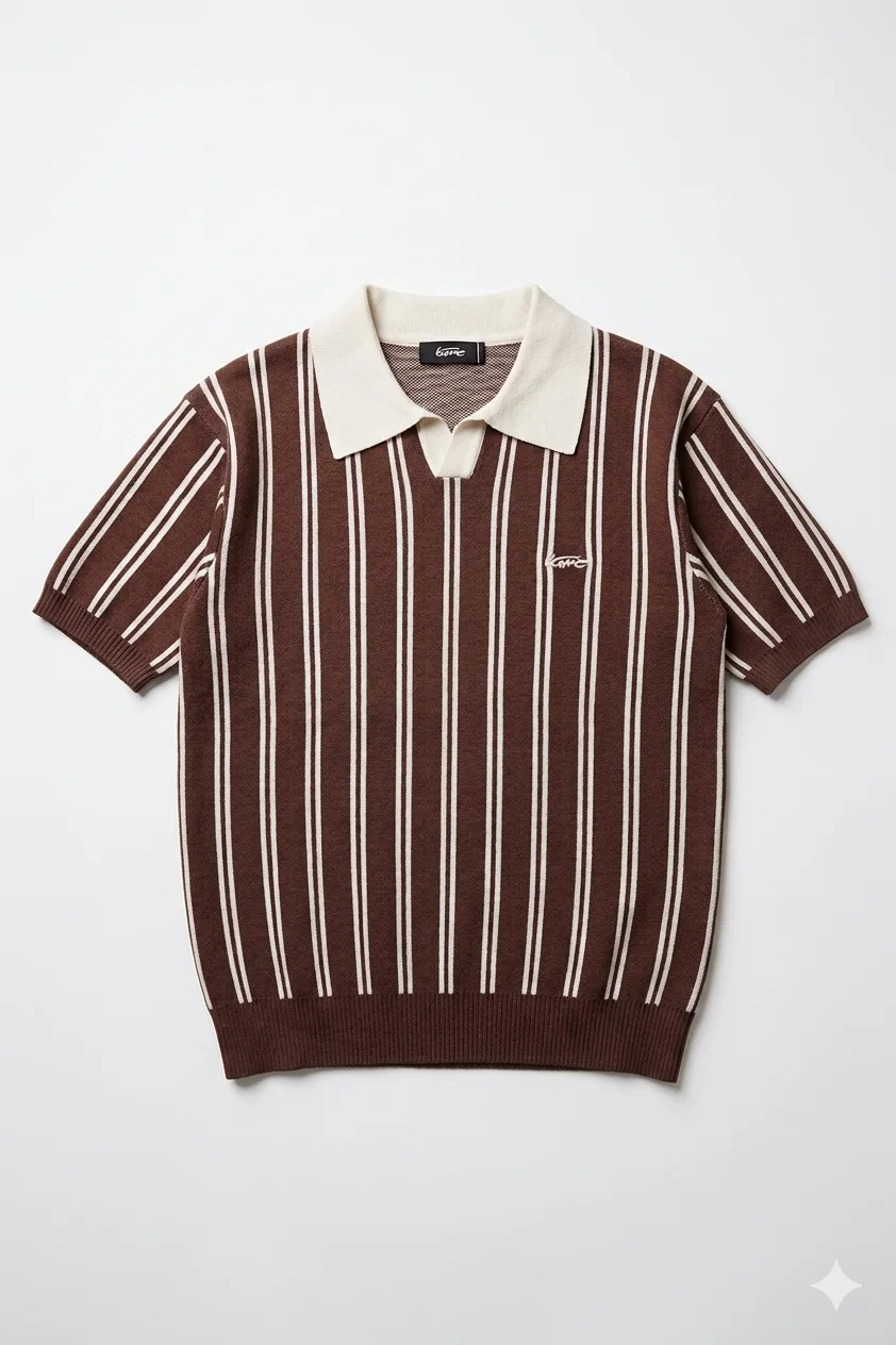 Polo en Maille Rayé – Marron Chocolat & Crème